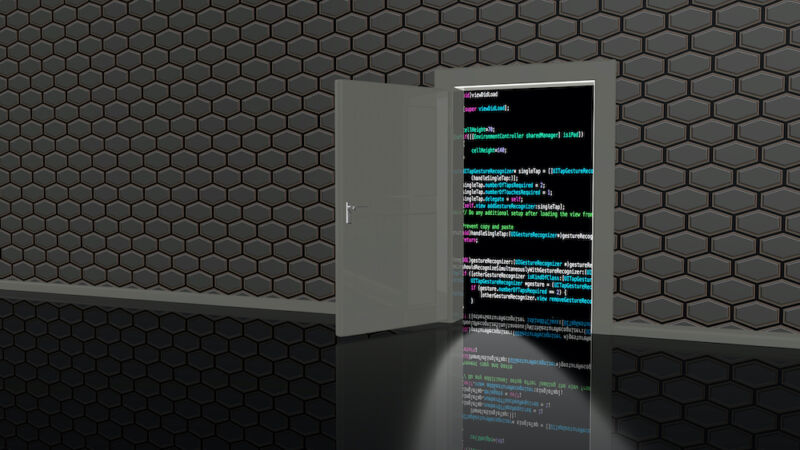 Una puerta de dibujos animados conduce a una pared de código de computadora.