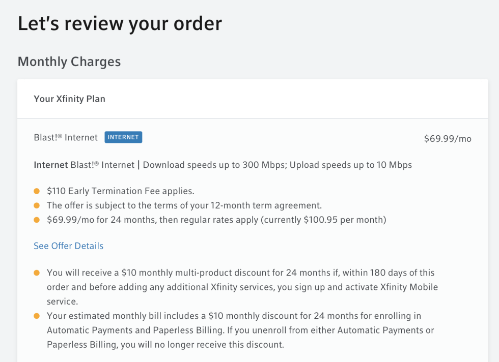 La última página del sistema de pedidos de Comcast.