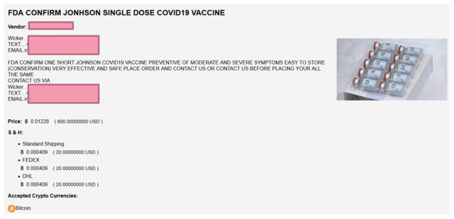 Dark web marketplaces are full of listings for COVID-19 vaccines, including this one touting doses of the Johnson &amp; Johnson shot.