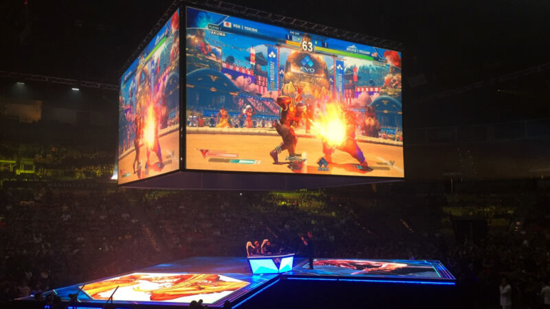 <em>Street Fighter V</em>'s top-eight world finals tournament at Evo 2017, held at the Mandalay Bay casino arena in Las Vegas, Nevada.