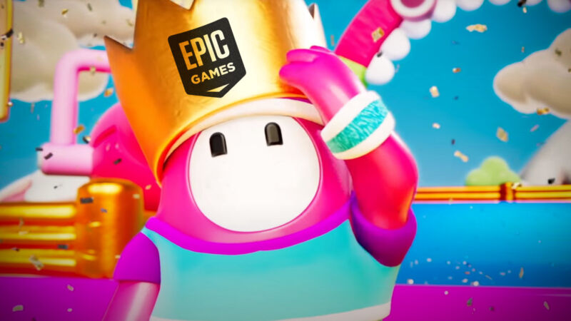 An adorable video game character wears a crown that reads Epic Games.