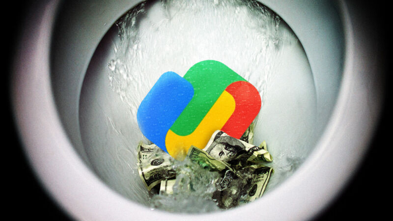 O logotipo do Google Play é jogado no vaso sanitário ao lado de várias notas de dólar.