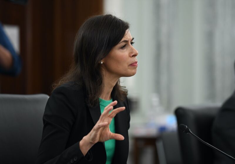 FCC member Jessica Rosenworcel sitting at a table and speaking during a Senate committee hearing.