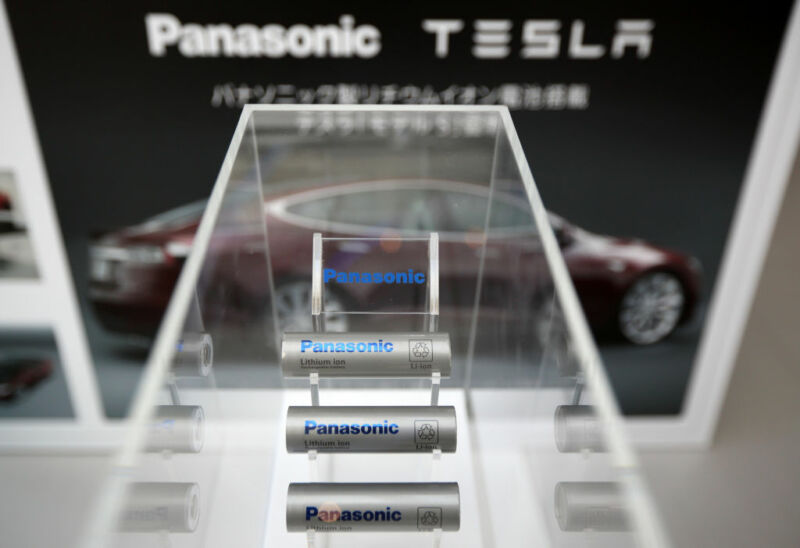 Panasonic Corp. lithium-ion batteries manufactured for Tesla Motors Inc. Model S electric vehicles are displayed at Panasonic Center Tokyo in Tokyo, Japan, on Tuesday, Nov. 19, 2013.