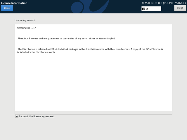 On first boot after an AlmaLinux installation, the user is required to accept a very short and sweet EULA—one that underscores the potential value of CloudLinux's paid commercial support offering.