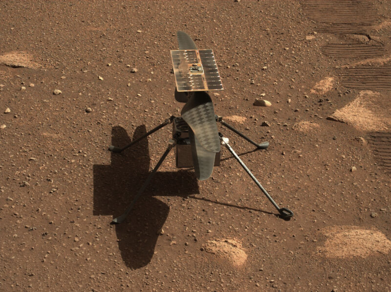 NASA’s <em>Ingenuity</em> Mars helicopter is seen here in a closeup taken by Mastcam-Z, a pair of zoomable cameras aboard the Perseverance rover.