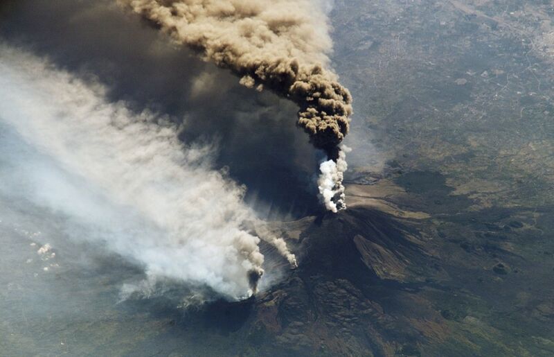 Aerial photograph of volcanic eruption.