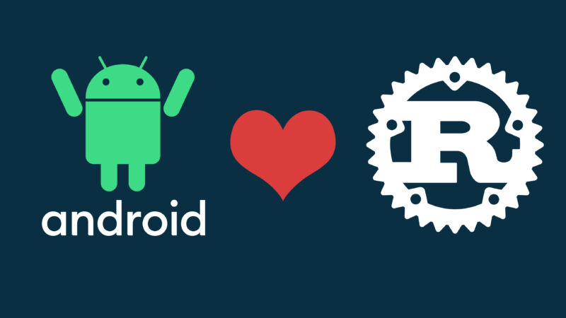 A heart separates an Android logo from a Rust logo.