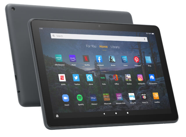 The new Amazon Fire HD 10 tablet. It has slimmer bezels and a new front camera placement. 