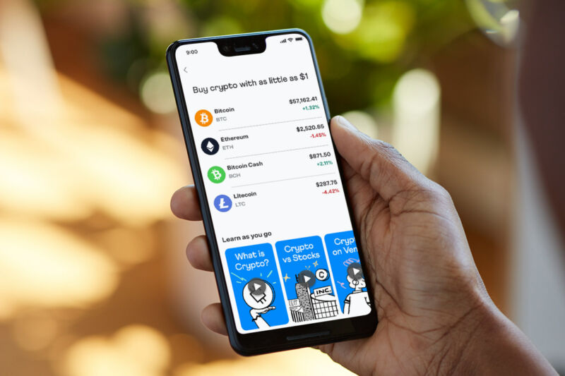 La aplicación para teléfonos inteligentes de Venmo que muestra los precios de las criptomonedas.