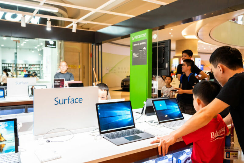 We don't have any leaked images of the new Surface models, so you'll have to make do with this 2019 stock photo of Surface models at a Microsoft store in Guangzhou.