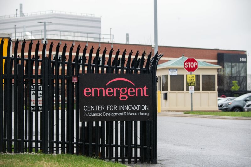 The Emergent BioSolutions plant, a manufacturing partner for Johnson & Johnson's COVID-19 vaccine, in Baltimore, Maryland, on April 9, 2021. 