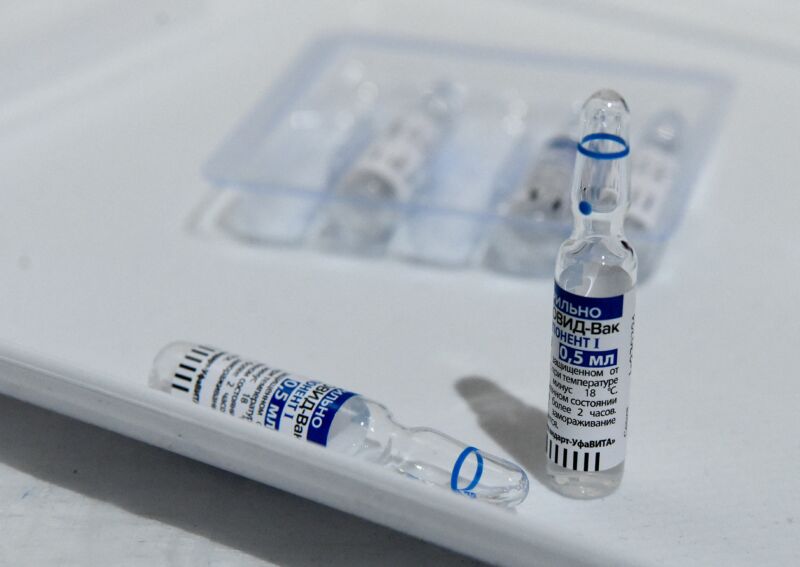 Vials of the Sputnik V vaccine against COVID-19 are seen at the Boris Trajkovski sports hall in Skopje as the country starts its vaccination campaign, after months of difficulties on April 16, 2021.