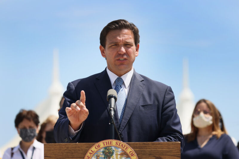 Florida Gov. Ron DeSantis speaks to the media about the cruise industry during a press conference at PortMiami on April 8, 2021 in Miami, Florida. 