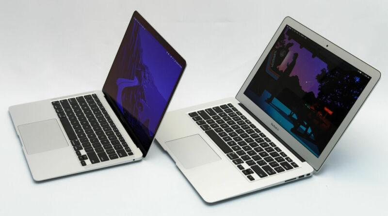 MacBook Air laptops, new and old.