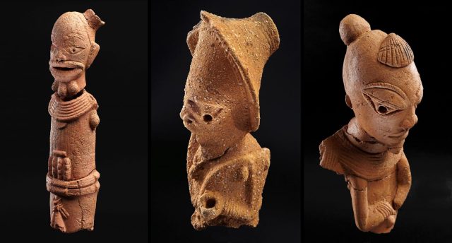 A few of the Nok culture's trademark terracotta figurines. Most figurines depict people or animals, and the human ones are known for their elaborate hairstyles.