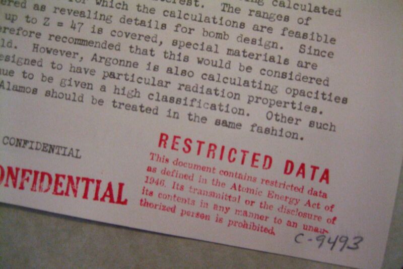 A "Restricted Data" classification stamp on a document from the US Atomic Energy Commission in the early 1950s. The document pertains to the classification of opacity calculations that were part of the work on the hydrogen bomb. The document is no longer classified and is available in the US National Archives.