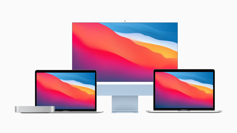 An Apple-created image of the various Macs running the M1 to date.