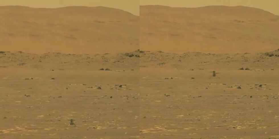 This side-by-side image shows <em>Ingenuity</em>, as seen from the Mars Perseverance rover, on the ground and then up in the air.
