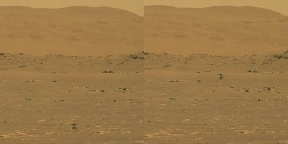 This Side-By-Side Image Shows &Lt;Em&Gt;Ingenuity&Lt;/Em&Gt;, As Seen From The Mars Perseverance Rover, On The Ground And Then Up In The Air.