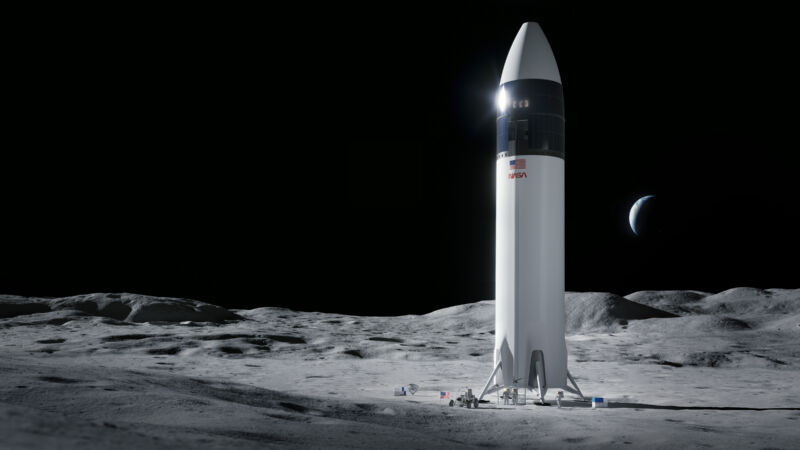 Technology Rendering of SpaceX's Starship vehicle on the surface of the Moon.