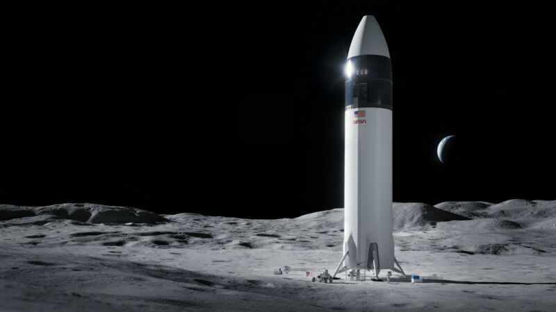 Rendering of SpaceX's Starship vehicle on the surface of the Moon.