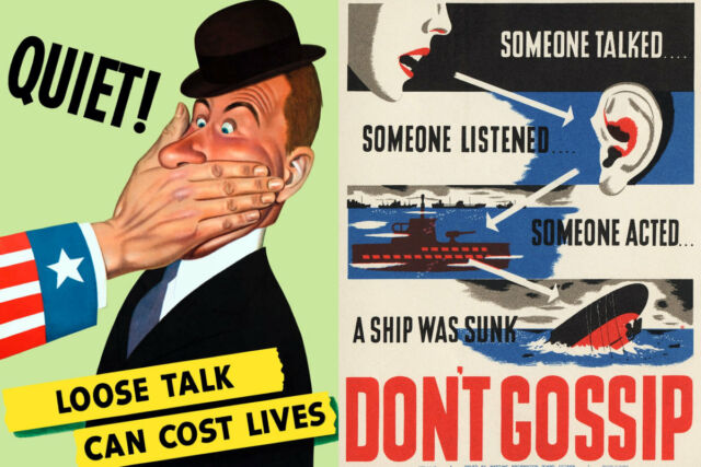 Vintage World War II posters urging the importance of secrecy.
