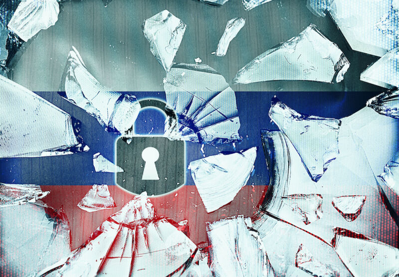 Technology Cartoon padlock and broken glass superimposed on a Russian flag.