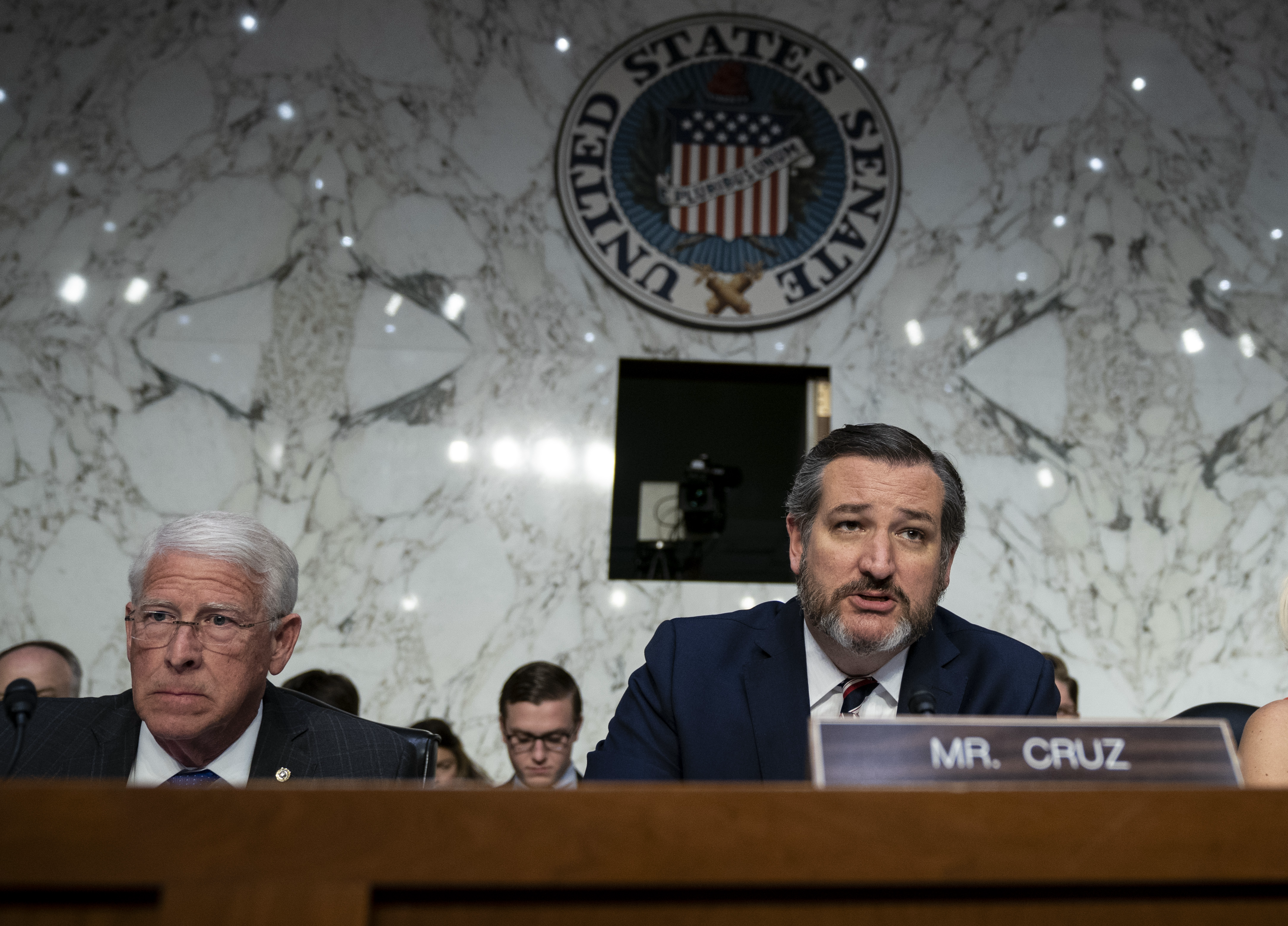 Sen. Roger Wicker (R-MS) and Sen. Ted Cruz (R-TX) are shown at a 2019 hearing. Both senators harshly criticized big technology companies at the 2021 confirmation hearing for Lina Khan to serve on the Federal Trade Commission.