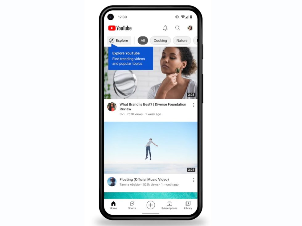 The new YouTube app layout. "Shorts" gets a tab at the bottom, while "Explore" is demoted to the top of the home page. 