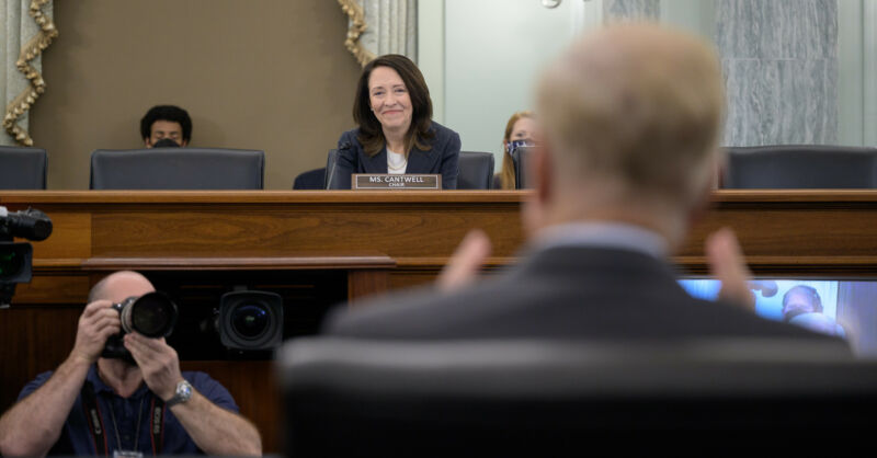 Committee Chair Sen. Maria Cantwell, D-Wash., listens to former US Sen. Bill Nelson, President Biden’s nominee to be the next administrator of NASA, on April 21, 2021.