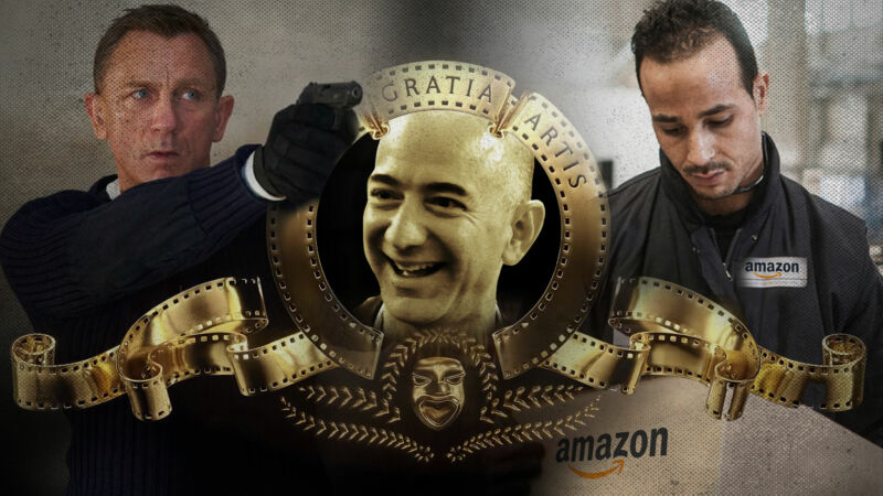 Illustration of the MGM logo with a picture of Jeff Bezos instead of a lion, James Bond actor Daniel Craig, and a man wearing a jacket with an Amazon logo.