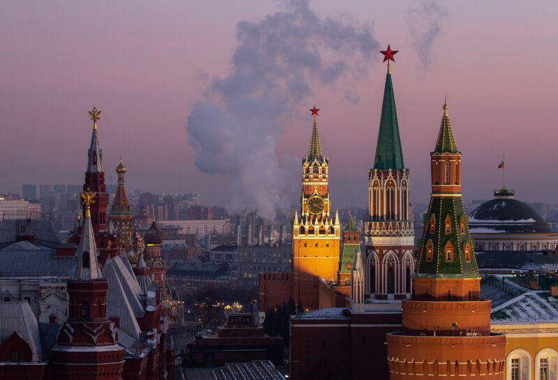 Pointy towers at sunset.