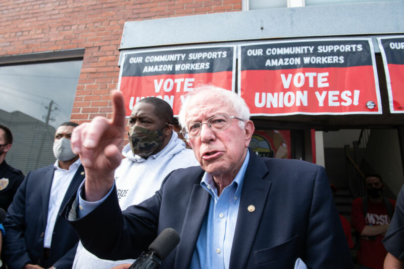 Sen. Bernie Sanders  (I-Vt.) speaks outside the Retail, Wholesale and Department Store Union headquarters in Birmingham, Alabama, on Friday, March 26, 2021.