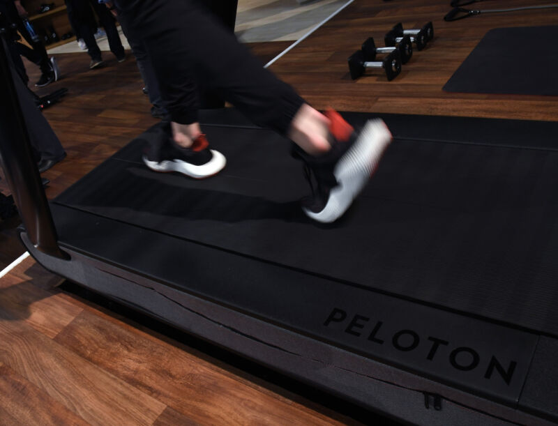 The running deck of a Peloton Tread treadmill during CES 2018 at the Las Vegas Convention Center on January 11, 2018. 