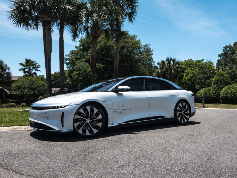 Technology A Lucid Air prototype parked in front of some palm trees