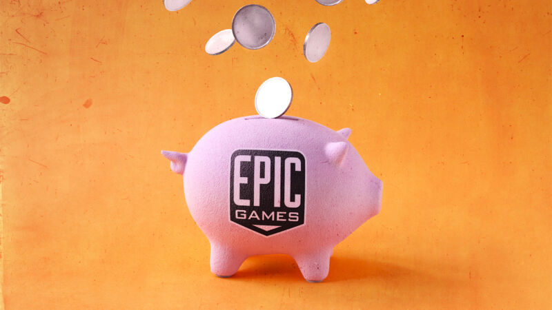 Coins rain on a piggy bank labeled Epic Games.