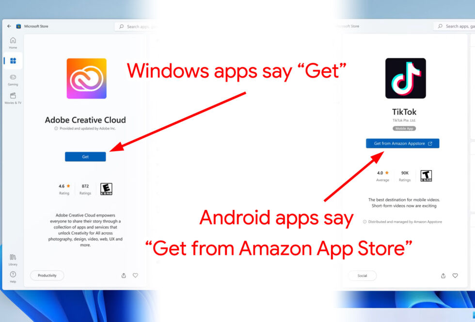 看起来微软应用商店将会列出Android应用程序，但会把你踢到亚马逊应用商店去安装它们。