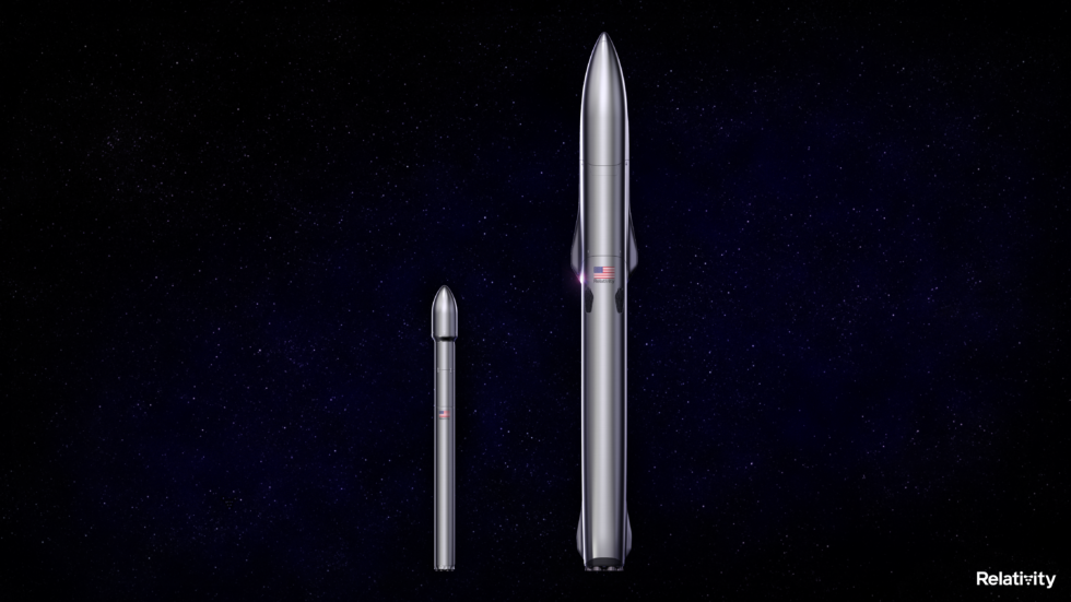 A rendering showing Relativity Space's Terran 1 rocket, left, alongside its Terran R vehicle.