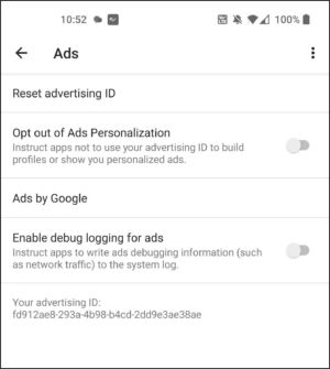 Android's opt-out check box for ad tracking.