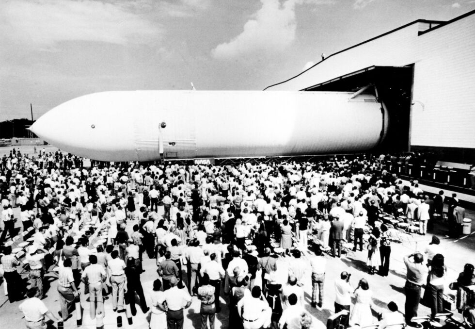 The space shuttle external tank for the Main Propulsion Test Article rolls off the assembly line September 9, 1977 at the Michoud Assembly Facility in New Orleans.