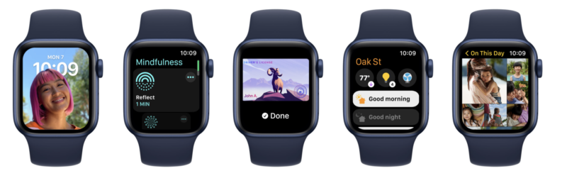 watchOS 8 introduces a new Portraits watch face, the Mindfulness app, support for ID and key cards in Wallet, a new HomeKit dashboard, and an improved Photos app, all shown on different apple watches