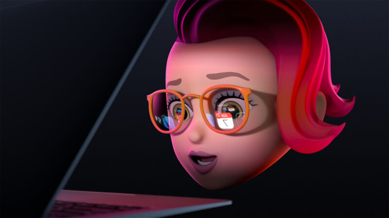 A floating cartoon head is impressed by something on her laptop.