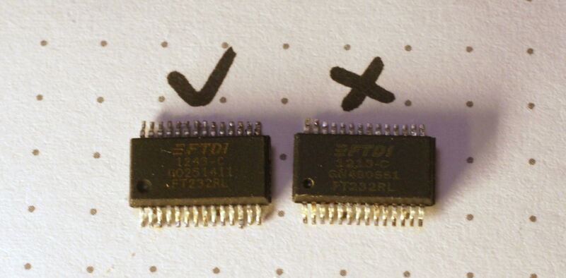 This pair of FT232RL USB to serial UARTs looks quite similar—but the one on the right is a counterfeit based on a mask-programmable microcontroller and only works with older drivers.