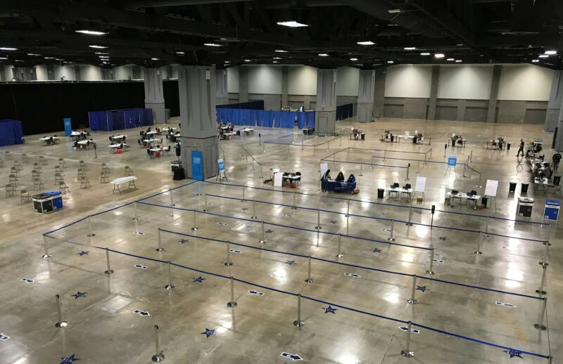 A largely deserted convention center.