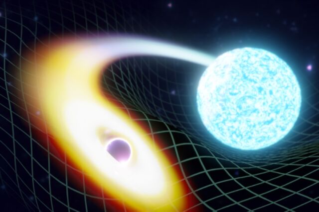Artistic rendition of a black hole merging with a neutron star.