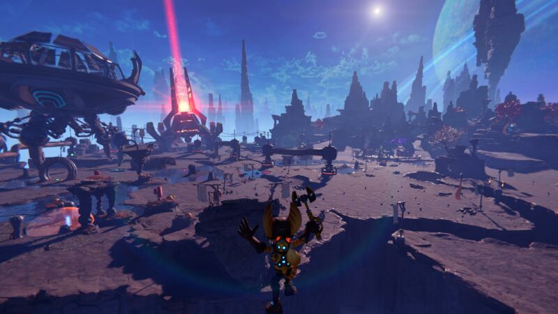 Capture d'écran panoramique d'un jeu vidéo de science-fiction.