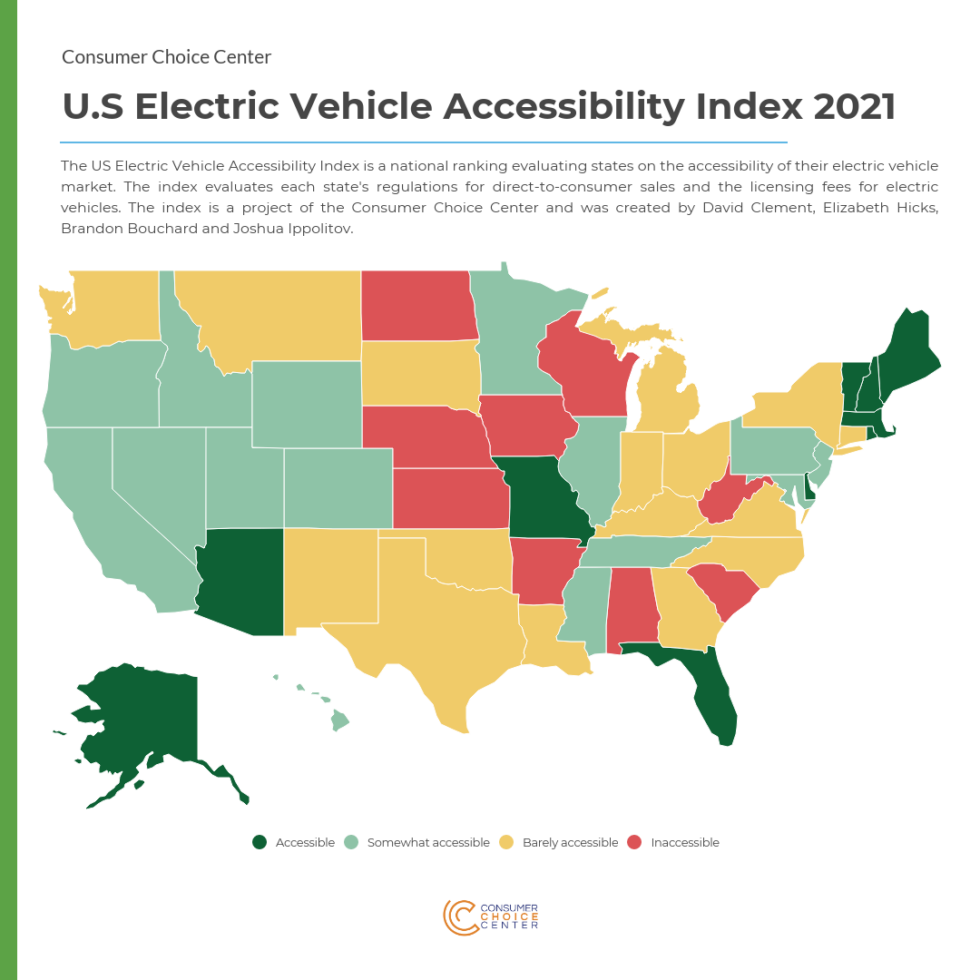 A map showing which states are better or worse for EV accessibility.