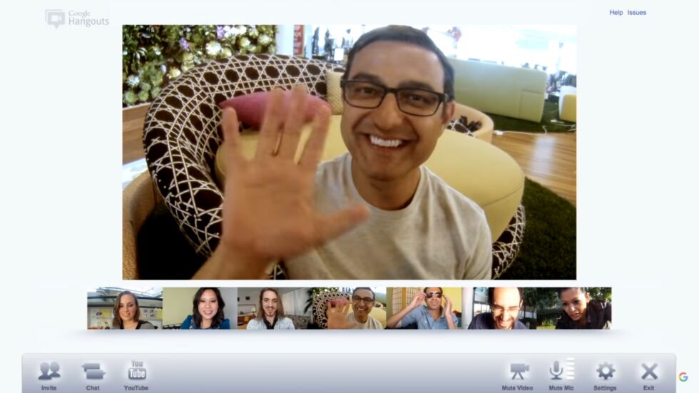Google+ Hangouts video chat, featuring Google+'s architect, Vic Gundotra. 