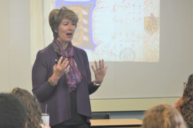 Musicologist Marica Tacconi teaches Penn State students about the three forged manuscripts she discovered.